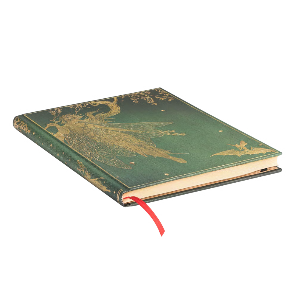 Paperblanks Olive Fairy Journal Ultra Hardcover Green notebook with gold dragon design on cover, red ribbon bookmark, on white background
