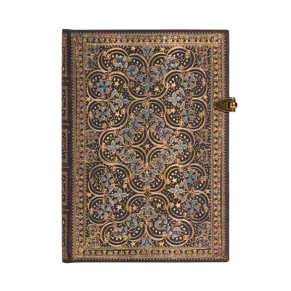 Paperblanks Restoration Midi Lined Hardcover notebook or journal with an intricate gold and blue floral pattern on a black background, featuring a small brass clasp on the right side.