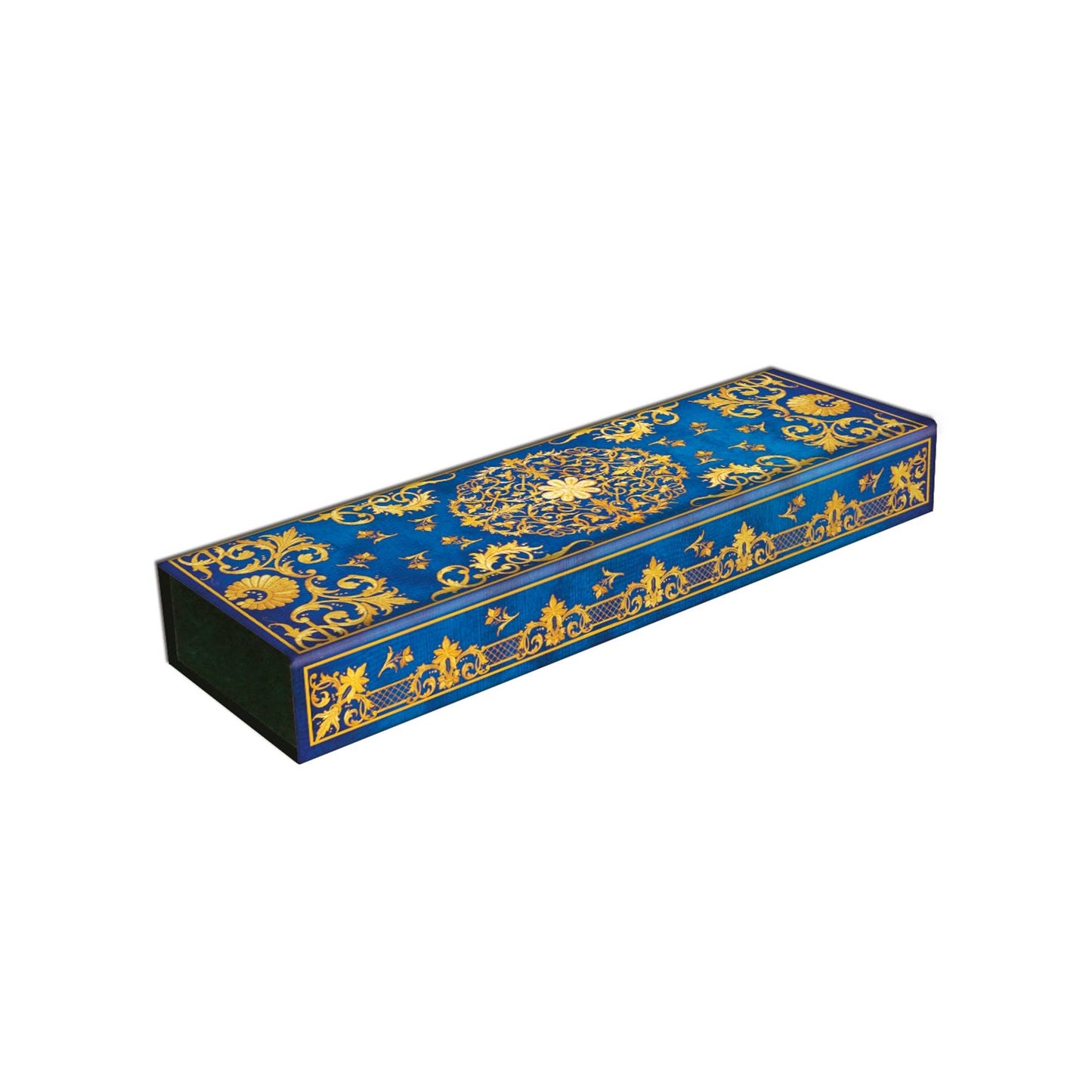 Decorative Paperblanks Silk Sky Pencil Case box with blue and gold design on a white background