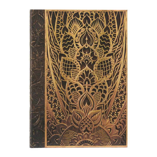 Decorative notebook with intricate gold patterns on a black background