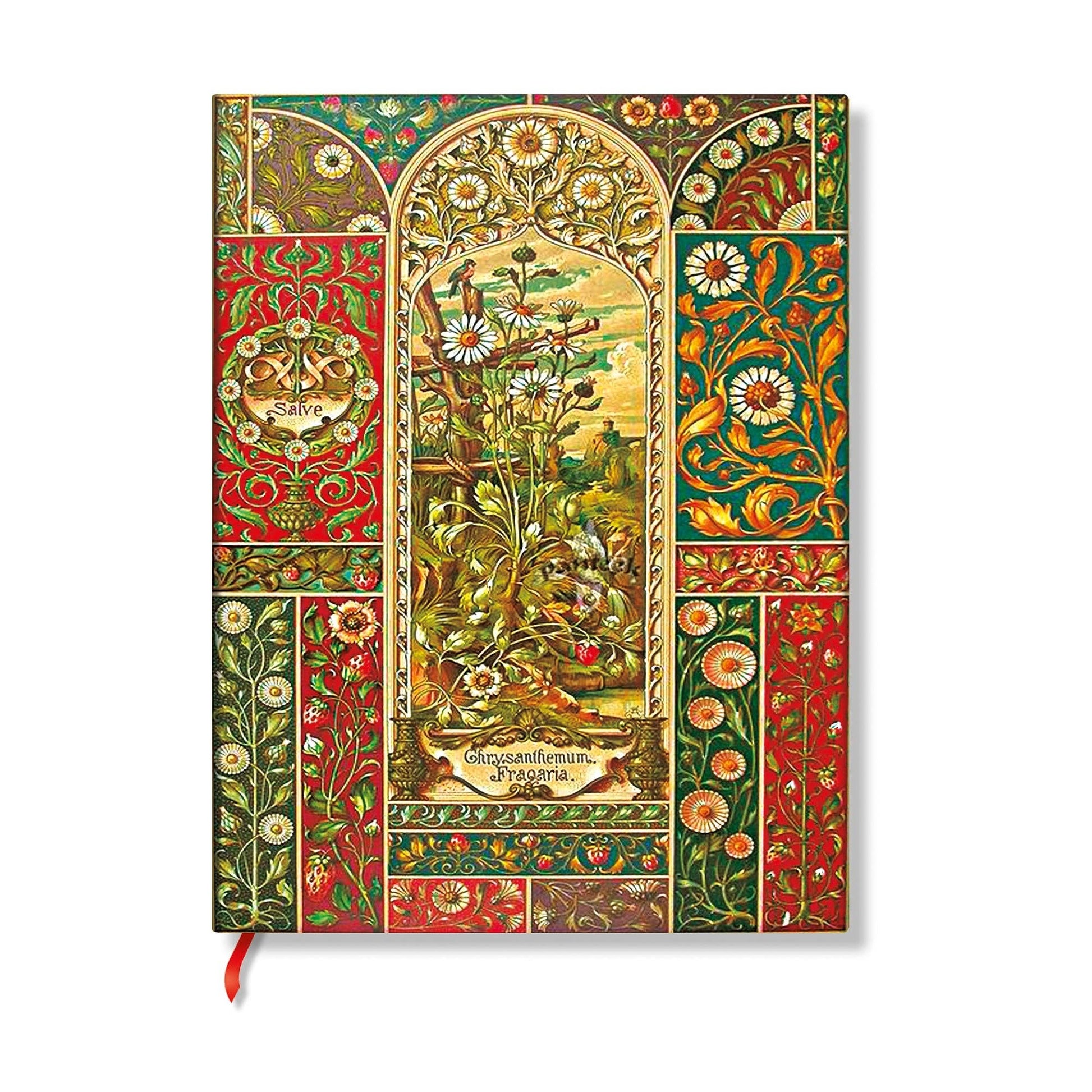Decorative notebook cover with intricate designs and text on a white background