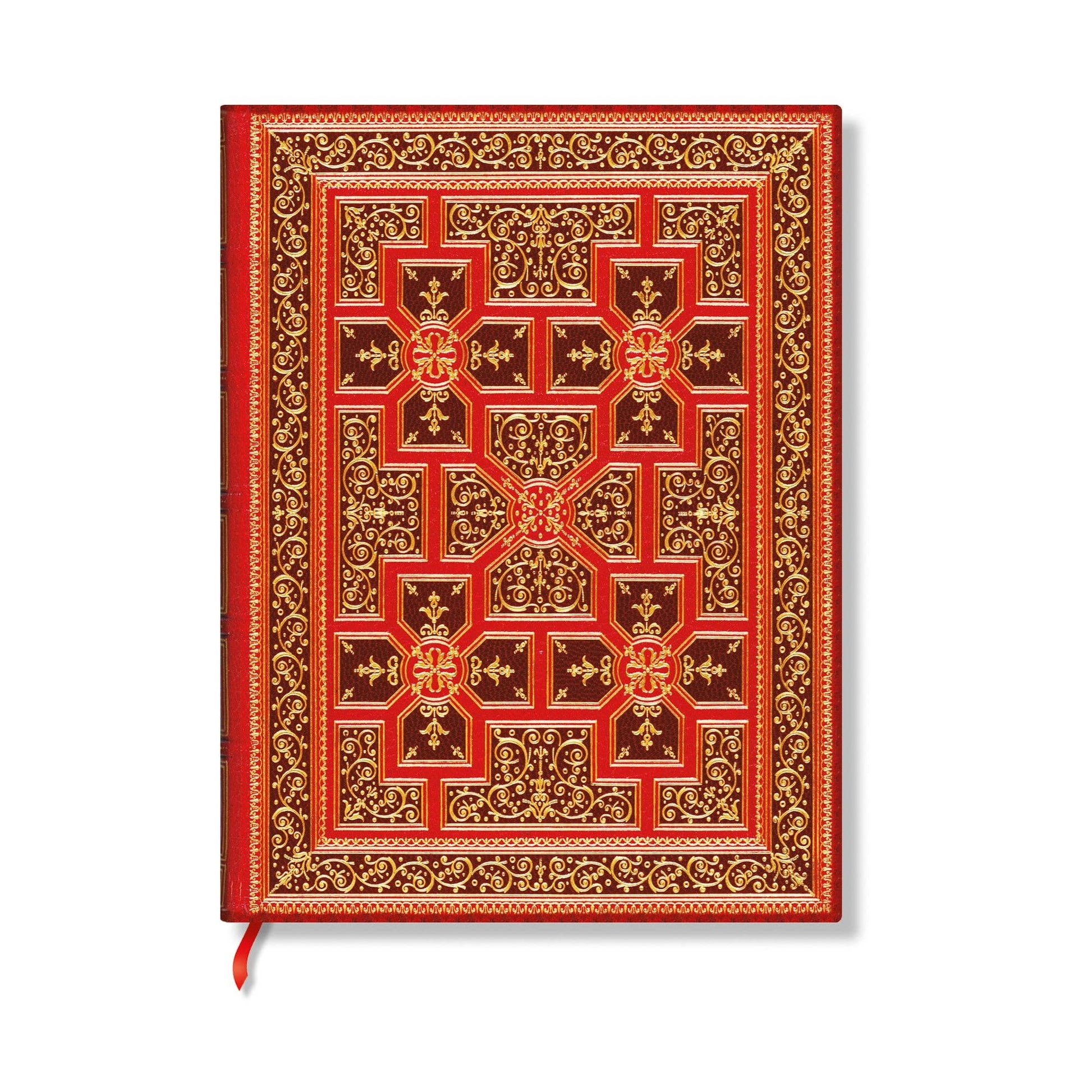 A hardcover notebook featuring an ornate, traditional Islamic geometric pattern in red and gold, complete with a red ribbon bookmark, shown on a plain white background.