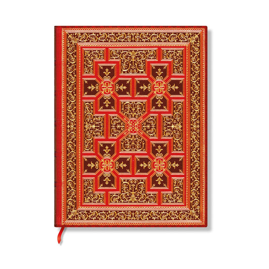 A hardcover notebook featuring an ornate, traditional Islamic geometric pattern in red and gold, complete with a red ribbon bookmark, shown on a plain white background.