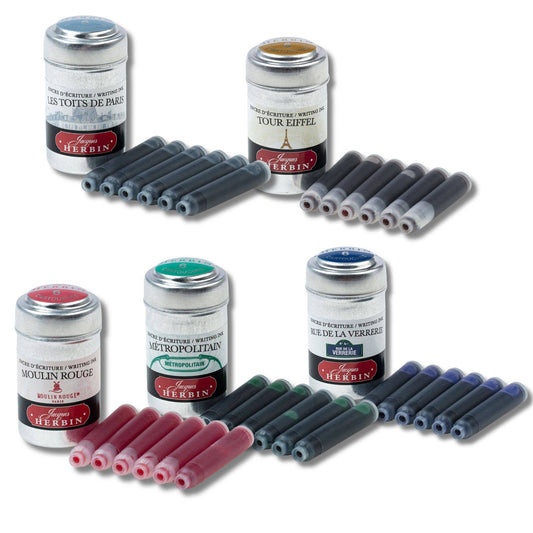 Collection of J Herbin ink cartridges in various colors on a white background