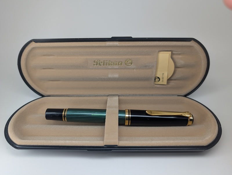 *Consignment* Pelikan Souveran R600 Black/Green Striped Rollerball Pen