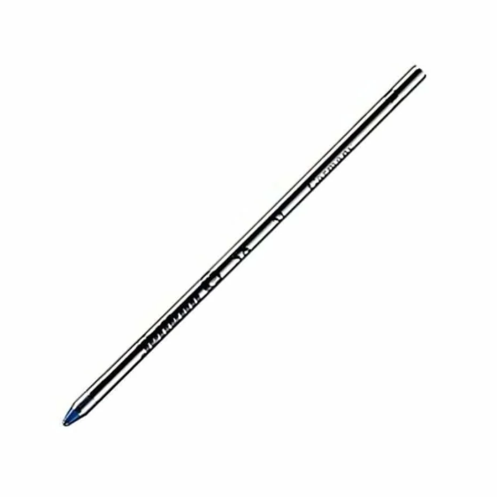 A slim metallic silver pen or stylus with a blue tip, shown diagonally on a plain white background.