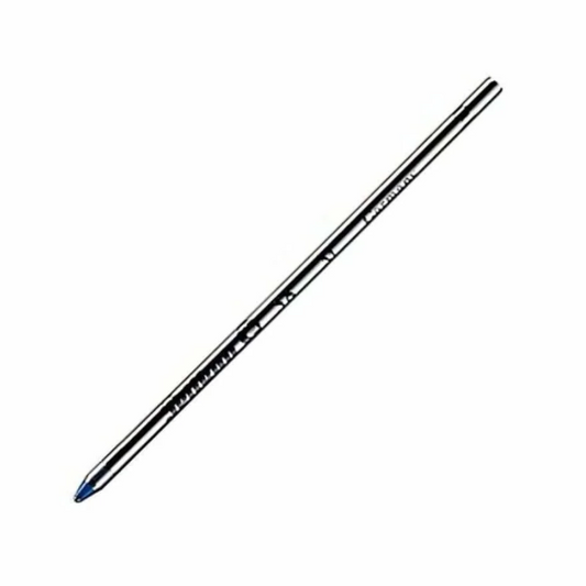 A slim metallic silver pen or stylus with a blue tip, shown diagonally on a plain white background.