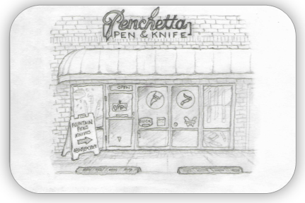 A black and white pencil sketch of a storefront with the sign 'Penchetta Pen & Knife' above the entrance, shown on a white rounded square background.