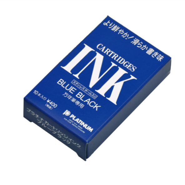 A blue rectangular box of Platinum brand ink cartridges, labeled 'BLUE BLACK' and 'CARTRIDGES INK' in white text, shown on a plain white background.