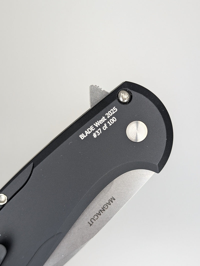 Protech Cambria 2 Maple Burl Magnacut Buttonlock Folding Knife Blade Show West 2025