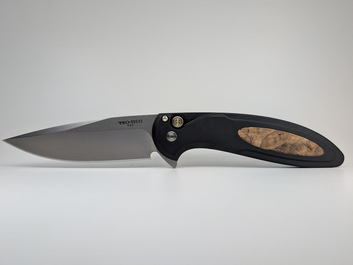 Protech Cambria 2 Maple Burl Magnacut Buttonlock Folding Knife Blade Show West 2025