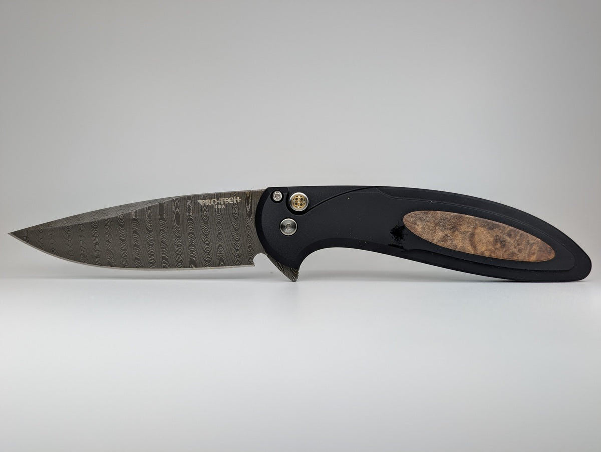Protech Cambria Custom 5 Button Lock Maple Burl Inlay Chad Nichols Damascus #31/50