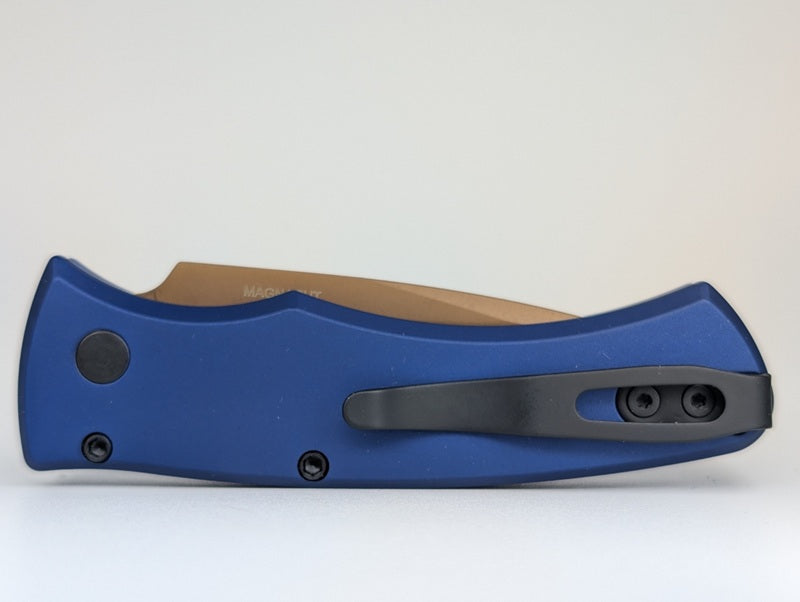 Protech Duke 2 Dark Navy Blue Tan PVD Magnacut Pearl Button Auto Folding Knife