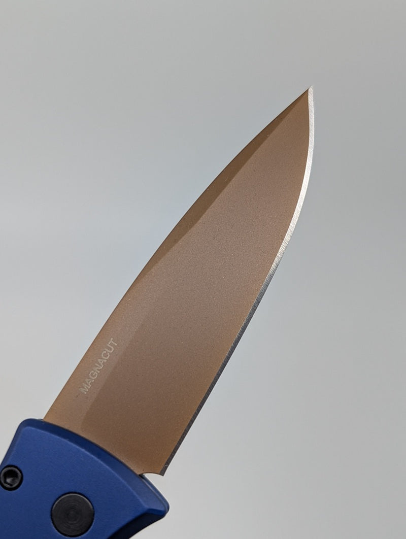 Protech Duke 2 Dark Navy Blue Tan PVD Magnacut Pearl Button Auto Folding Knife
