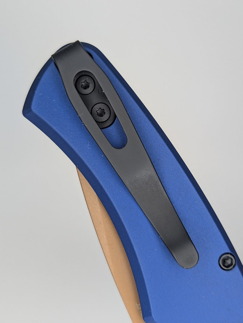 Protech Duke 2 Dark Navy Blue Tan PVD Magnacut Pearl Button Auto Folding Knife