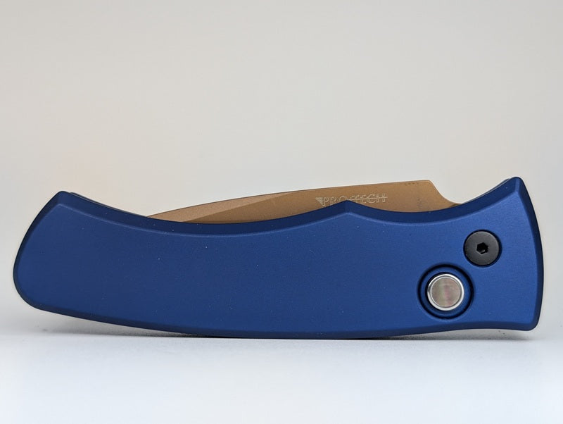 Protech Duke 2 Dark Navy Blue Tan PVD Magnacut Pearl Button Auto Folding Knife