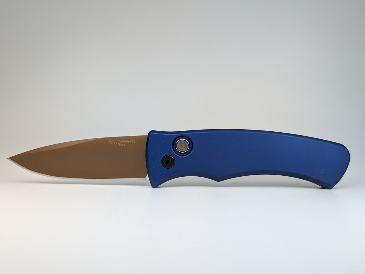 Protech Duke 2 Dark Navy Blue Tan PVD Magnacut Pearl Button Auto Folding Knife