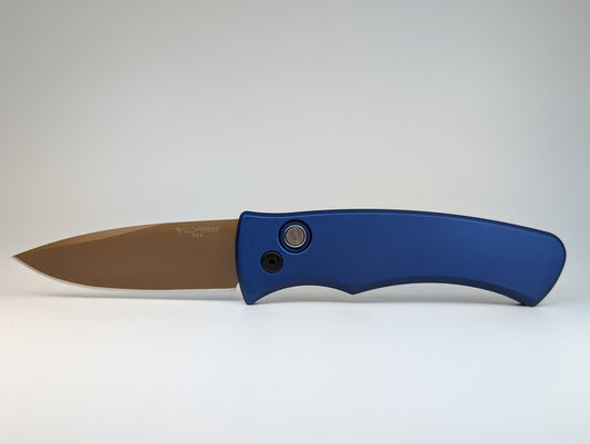 Protech Duke 2 Dark Navy Blue Tan PVD Magnacut Pearl Button Auto Folding Knife