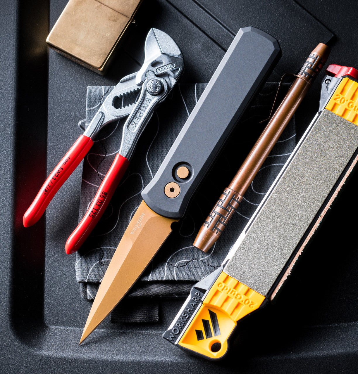 Protech Godson Black / Tan PVD 154CM / Tan PVD Hardware Auto Folding Knife