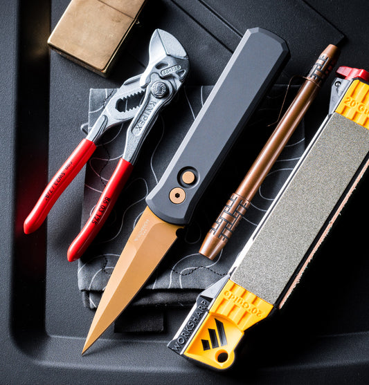 Protech Godson Black / Tan PVD 154CM / Tan PVD Hardware Auto Folding Knife