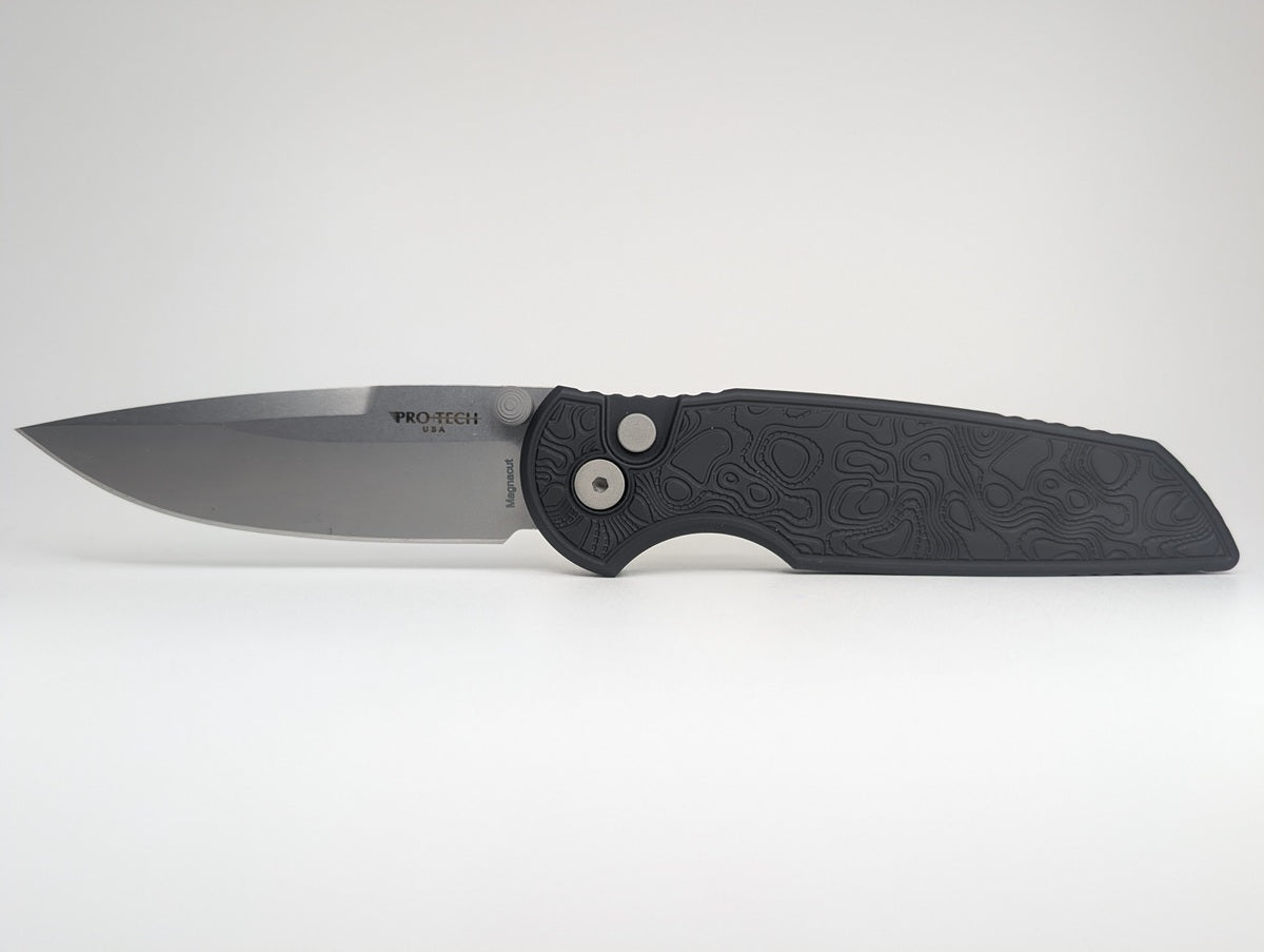 Protech Integrity Black Topo Magnacut Stonewash Button Lock Folding Knife