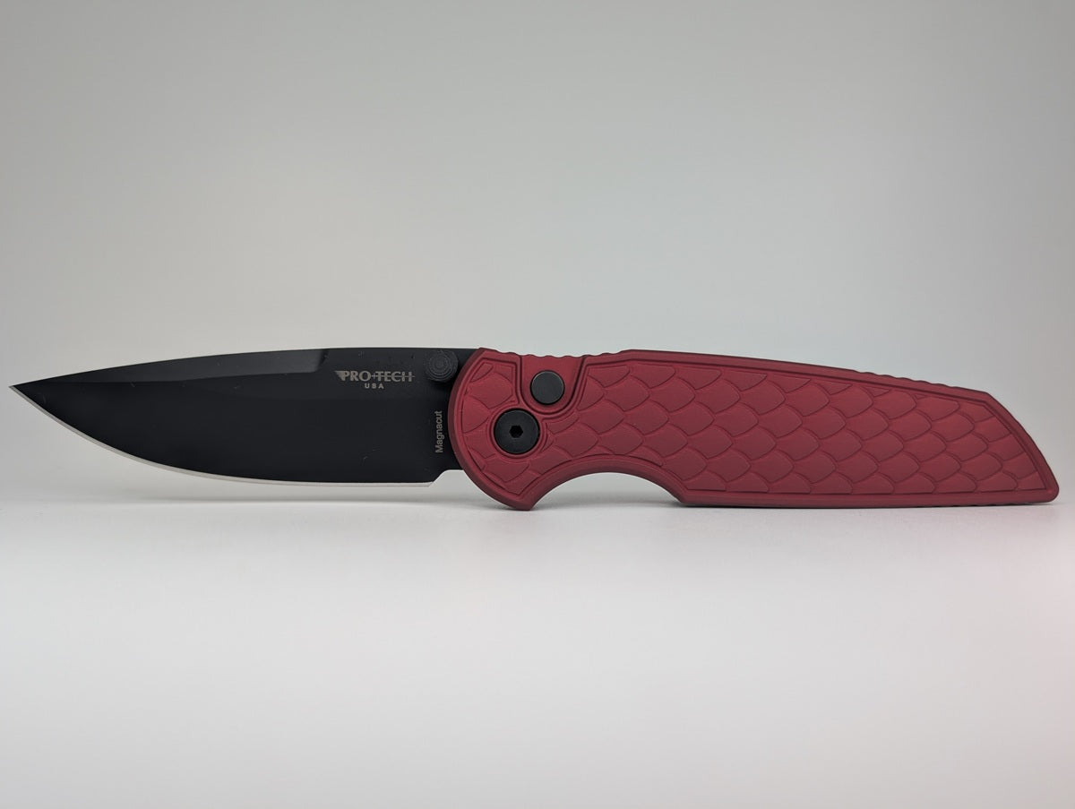 Protech Integrity Red Reptile Magnacut DLC Button Lock Folding Knife