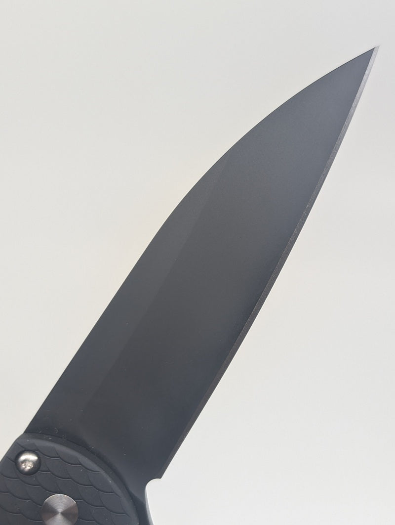 Protech Malibu Flipper Pearl Button Black Dragonscale Handle Black Magnacut Wharncliffe Blade