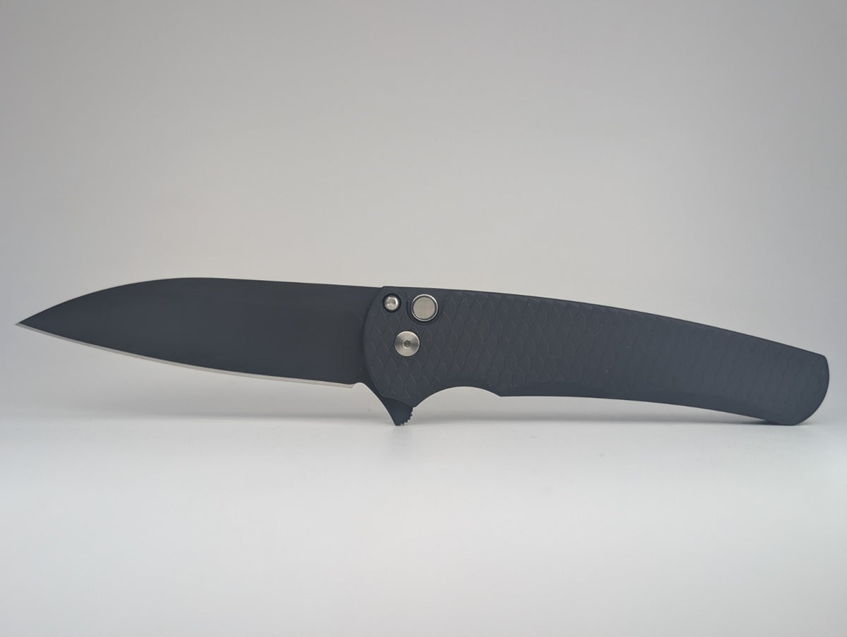 Protech Malibu Flipper Pearl Button Black Dragonscale Handle Black Magnacut Wharncliffe Blade