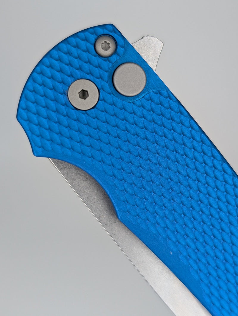 Protech Malibu Flipper Blue Textured Handle Stonewash Magnacut Wharncliffe Blade