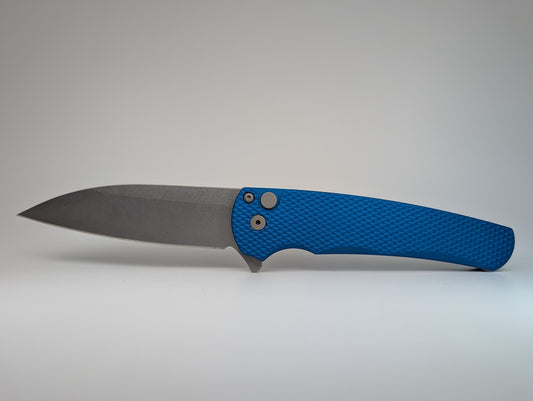 Protech Malibu Flipper Blue Textured Handle Stonewash Magnacut Wharncliffe Blade