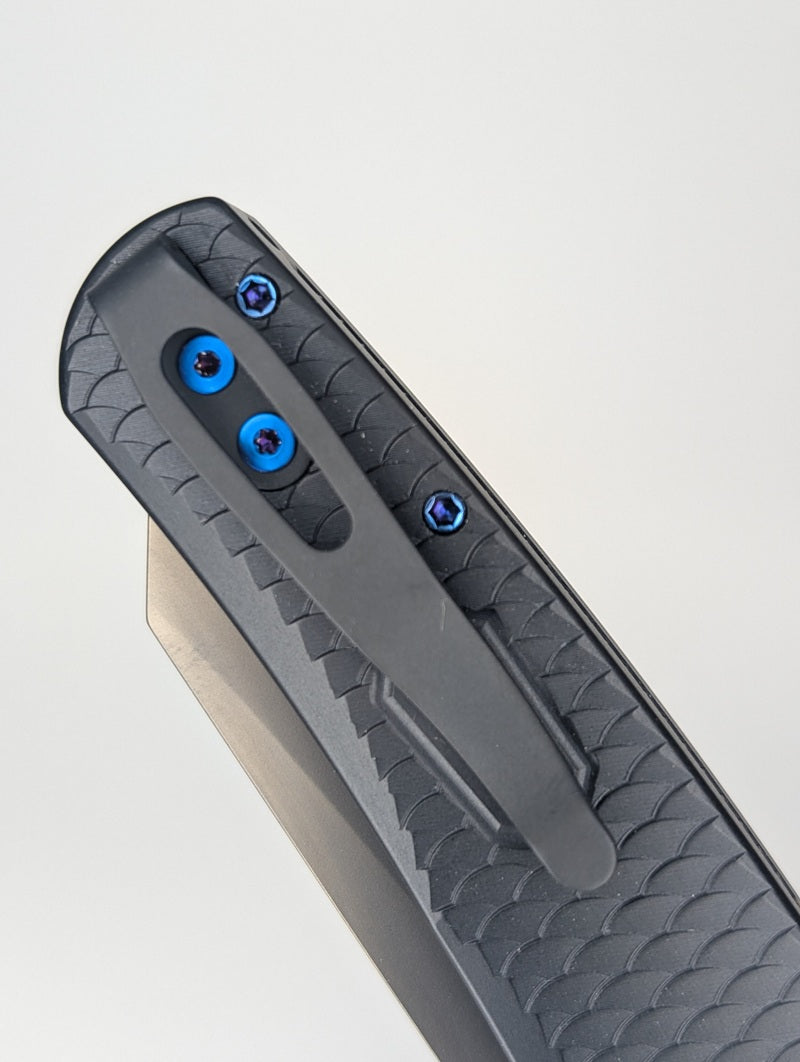 Protech Malibu Dragon Scale Black Sapphire Blue Hardware DLC Magnacut Button Lock Folding Knife