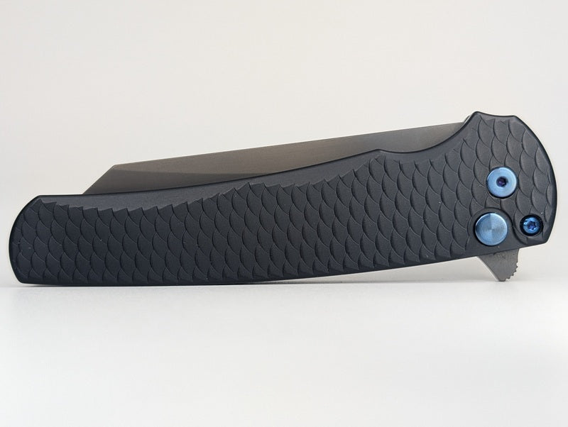 Protech Malibu Dragon Scale Black Sapphire Blue Hardware DLC Magnacut Button Lock Folding Knife