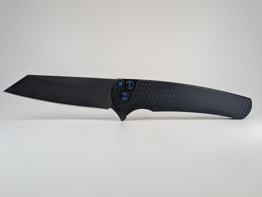 Protech Malibu Dragon Scale Black Sapphire Blue Hardware DLC Magnacut Button Lock Folding Knife