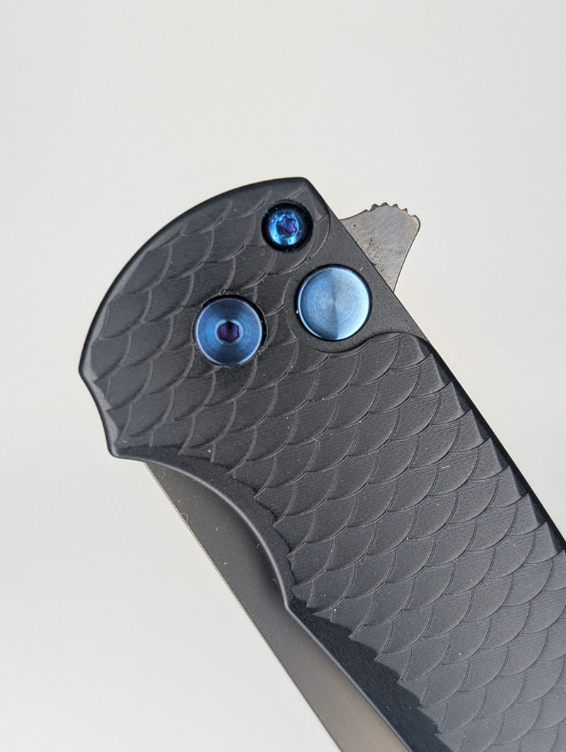 Protech Malibu Dragon Scale Black Sapphire Blue Hardware DLC Magnacut Button Lock Folding Knife