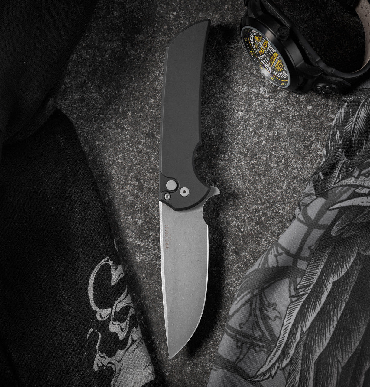 Protech Mordax Black Aluminum Acid Wash 20CV Button Lock Folding Knife