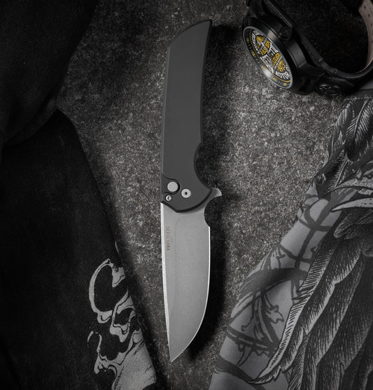 Protech Mordax Black Aluminum Acid Wash 20CV Button Lock Folding Knife