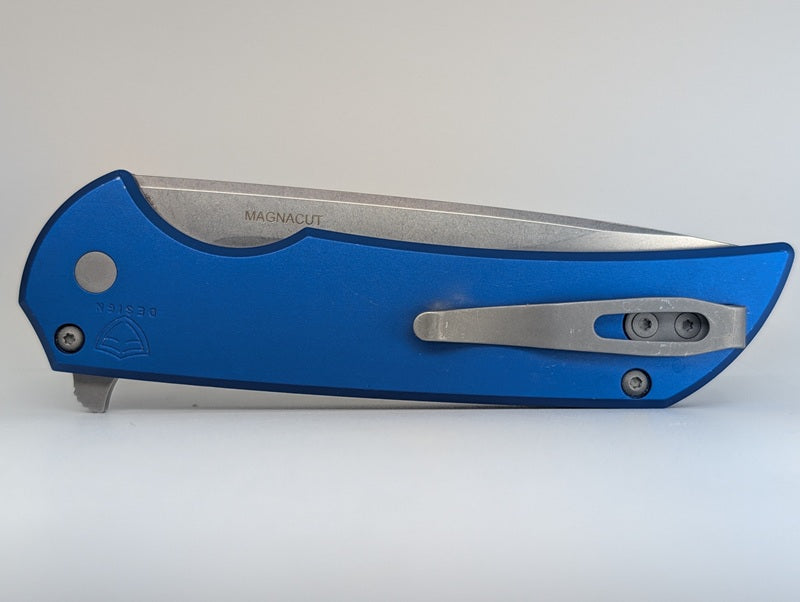 *Consignment* Protech Mordax Blue Aluminum Magnacut Button Lock Folding Knife