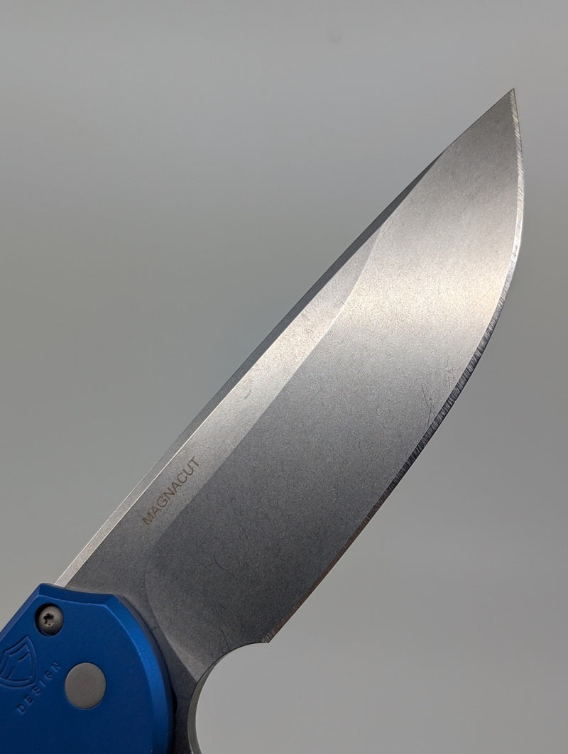 *Consignment* Protech Mordax Blue Aluminum Magnacut Button Lock Folding Knife