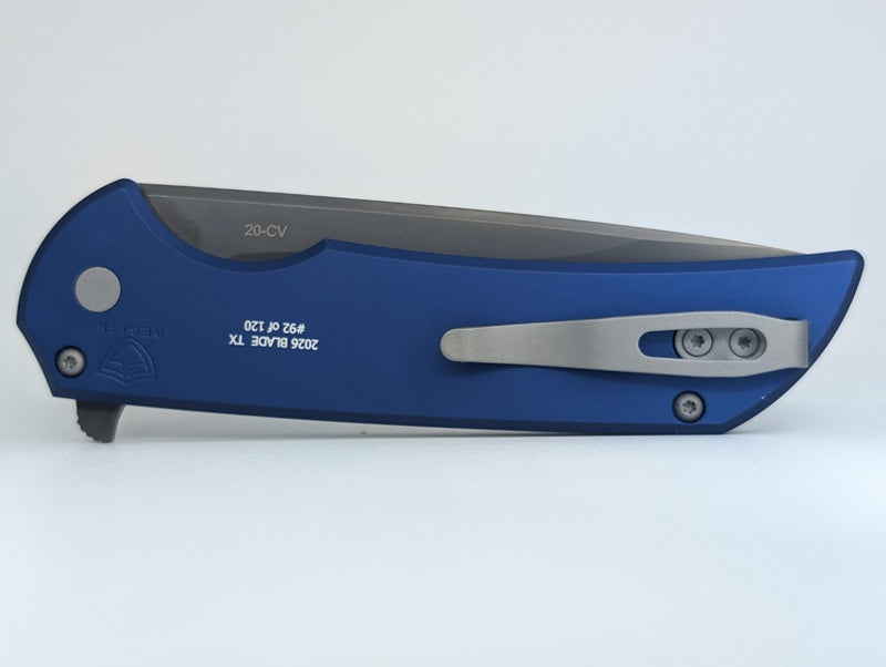Protech Mordax Blue Aluminum DLC Smoky Grey 20-CV Buttonlock Folding Knife Blade Show Texas 2026 Exclusive