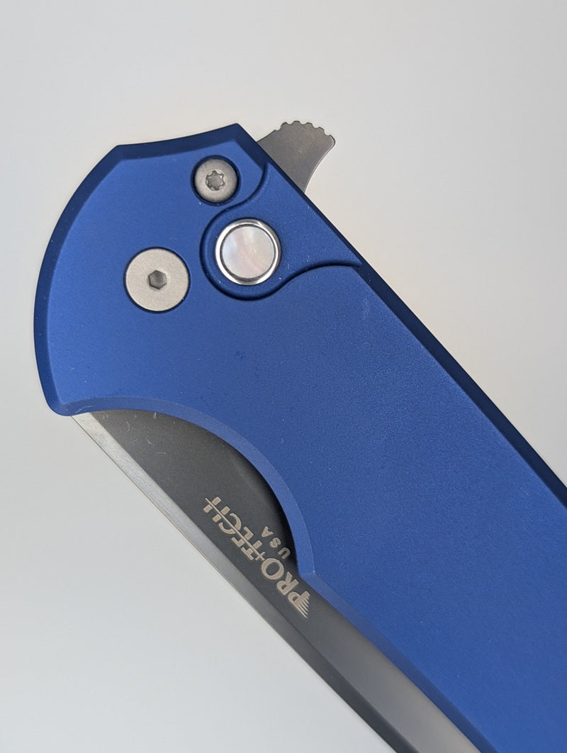 Protech Mordax Blue Aluminum DLC Smoky Grey 20-CV Buttonlock Folding Knife Blade Show Texas 2026 Exclusive