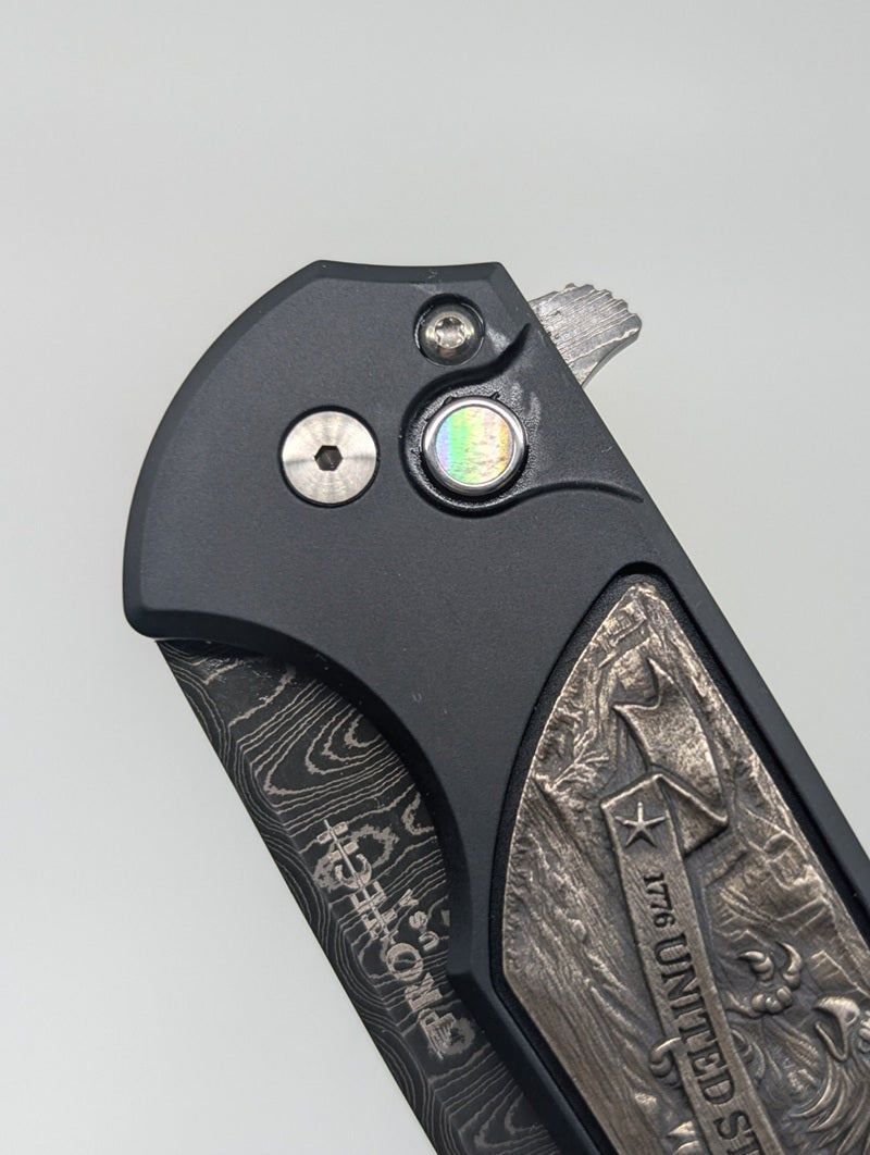 Protech Mordax USA 250th Vegas Forge Ladder Damascus Button Lock Folding Knife