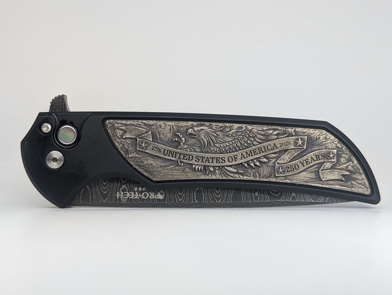Protech Mordax USA 250th Vegas Forge Ladder Damascus Button Lock Folding Knife