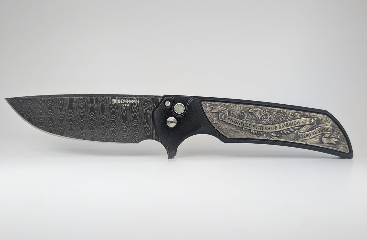 Protech Mordax USA 250th Vegas Forge Ladder Damascus Button Lock Folding Knife