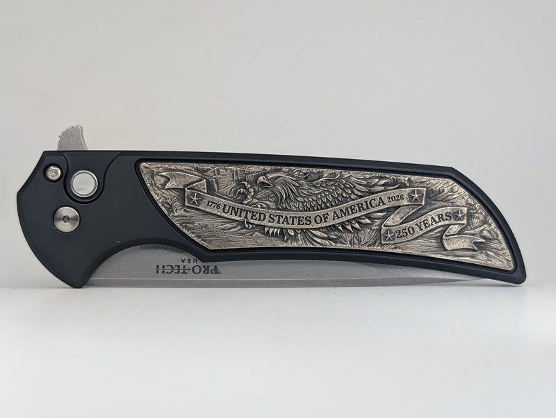 Protech Mordax Cast White Brass "USA 250th" design Magnacut Button Lock Folding Knife