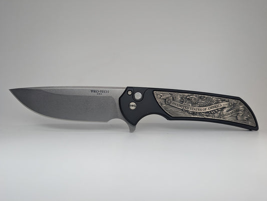 Protech Mordax Cast White Brass "USA 250th" design Magnacut Button Lock Folding Knife