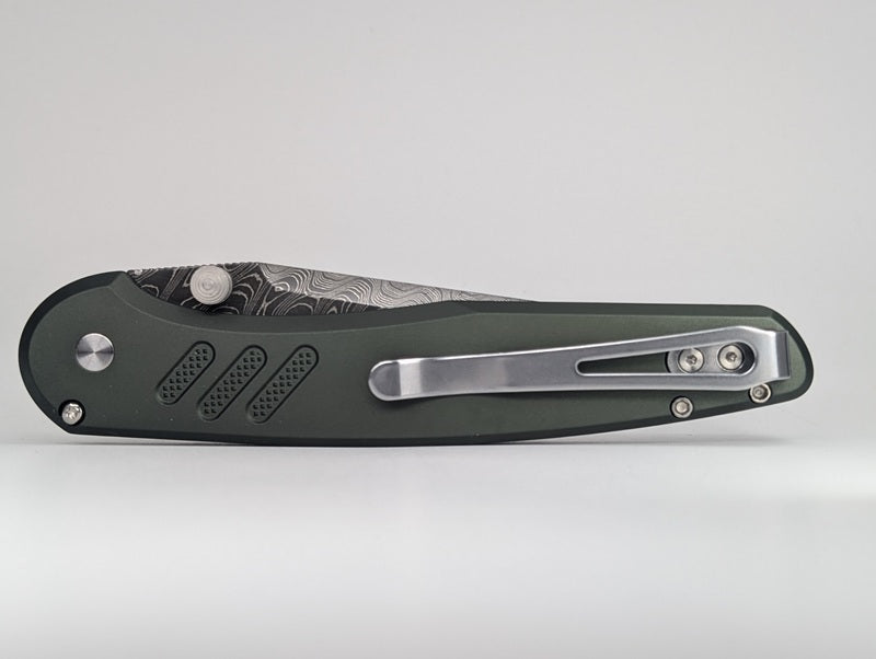 Protech x Peace Neighbor Avalon Custom Knurled Green Boomerang Damascus Button Lock Folding Knife