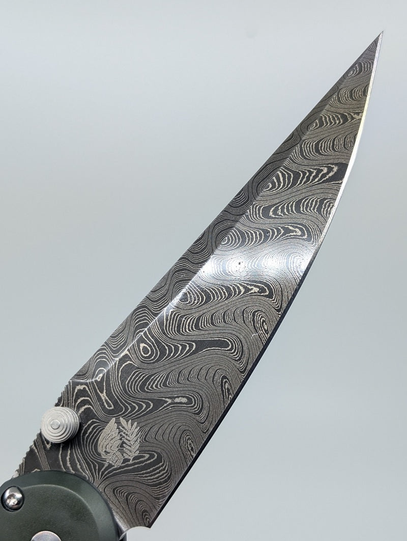 Protech x Peace Neighbor Avalon Custom Knurled Green Boomerang Damascus Button Lock Folding Knife