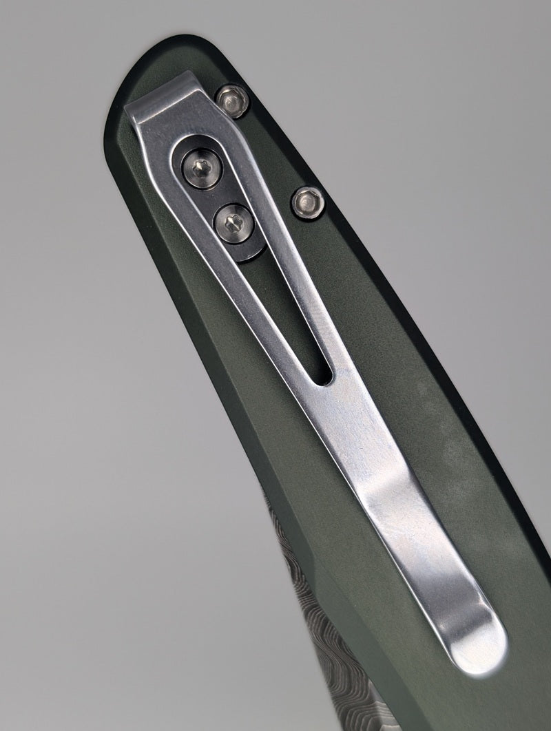 Protech x Peace Neighbor Avalon Custom Knurled Green Boomerang Damascus Button Lock Folding Knife