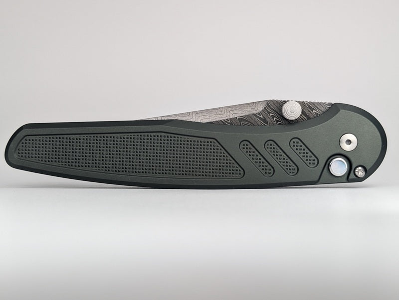 Protech x Peace Neighbor Avalon Custom Knurled Green Boomerang Damascus Button Lock Folding Knife
