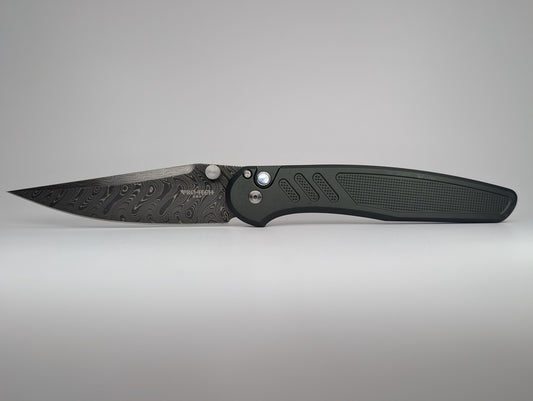Protech x Peace Neighbor Avalon Custom Knurled Green Boomerang Damascus Button Lock Folding Knife